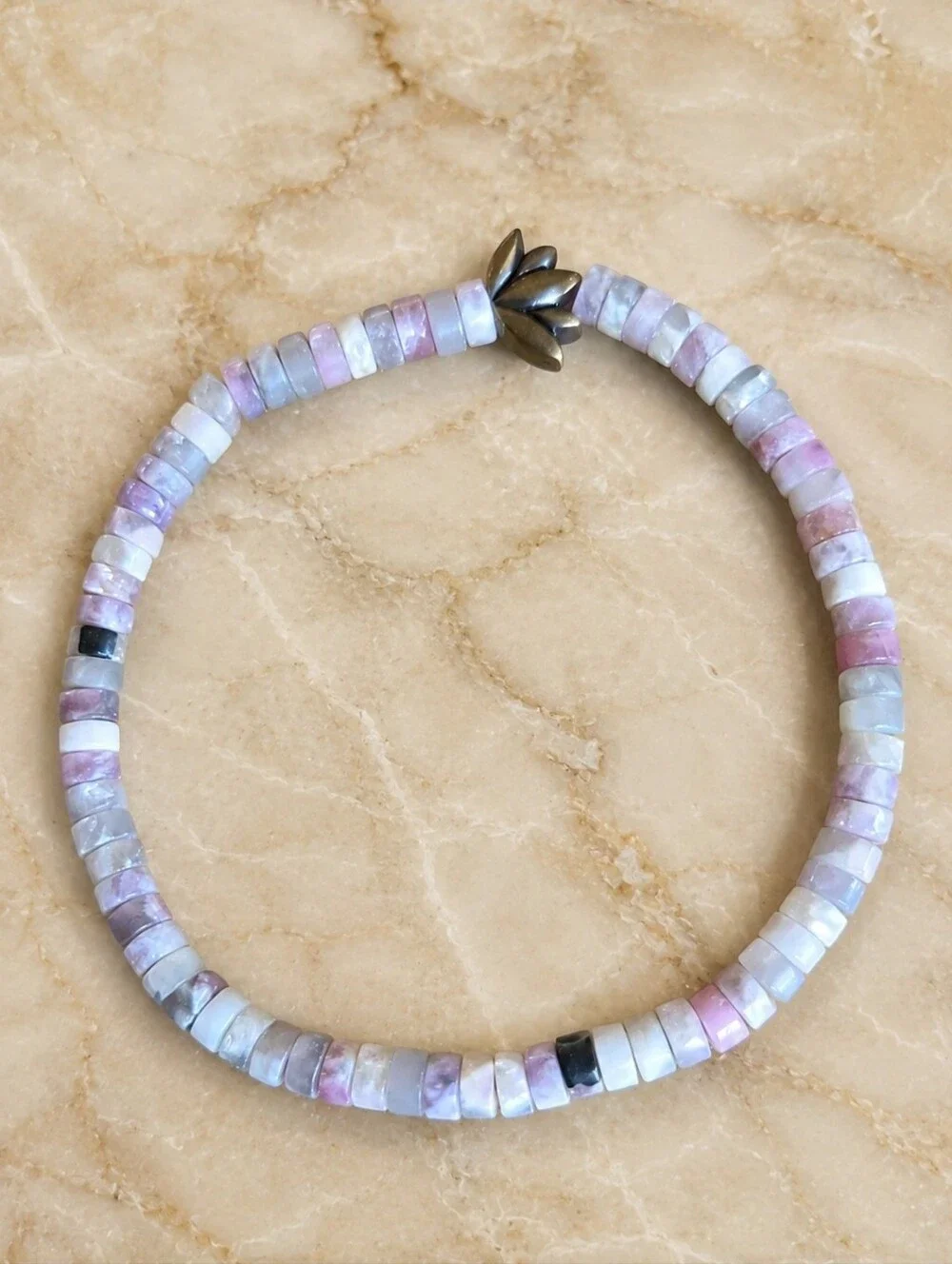 Tourmaline & Lepidolite Beaded Stretch Bracelet with Lotus Accent | Handmade